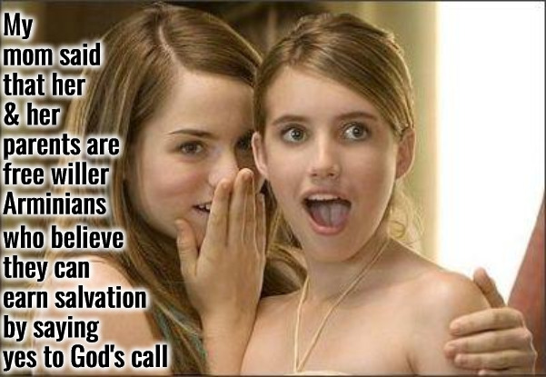 Free Willers | My mom said that her & her parents are free willer Arminians; who believe they can earn salvation by saying yes to God's call | image tagged in girls gossiping,calvinism,arminian,molinism,free will,theology | made w/ Imgflip meme maker