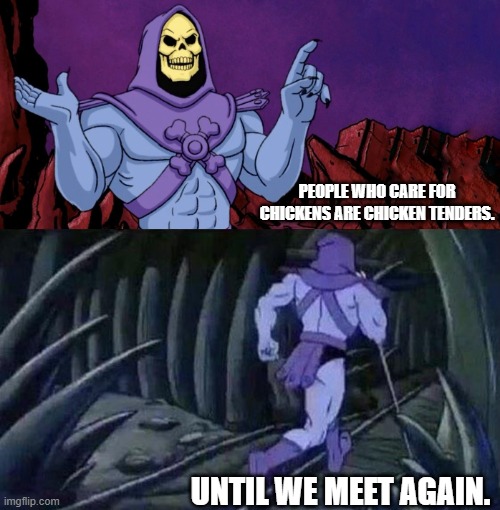 Chicken Tenders | PEOPLE WHO CARE FOR CHICKENS ARE CHICKEN TENDERS. UNTIL WE MEET AGAIN. | image tagged in he man skeleton advices,can't argue with that / technically not wrong | made w/ Imgflip meme maker