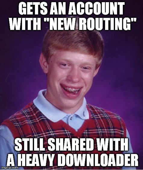 Bad Luck Brian Meme | GETS AN ACCOUNT WITH "NEW ROUTING" STILL SHARED WITH A HEAVY DOWNLOADER | image tagged in memes,bad luck brian | made w/ Imgflip meme maker