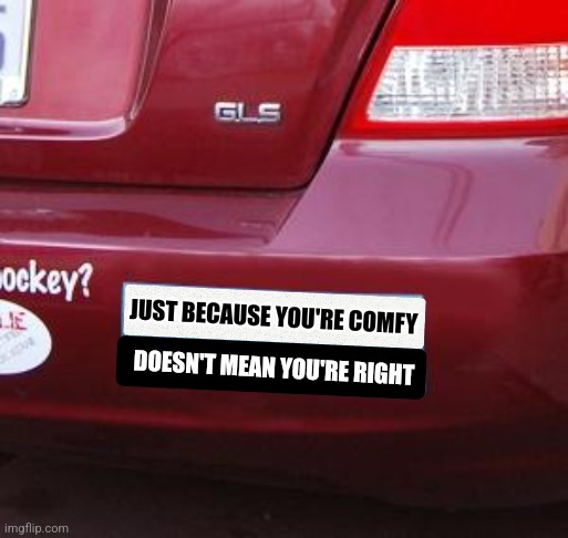 Unequivocally the most important lesson for the modern American | JUST BECAUSE YOU'RE COMFY; DOESN'T MEAN YOU'RE RIGHT | image tagged in bumper sticker,truth,facts,lulz | made w/ Imgflip meme maker