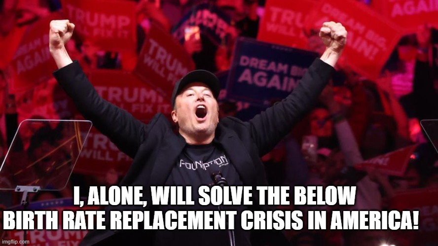 Elon Musk has his 13th child with his 4th baby mamma, to save America from extinction! | I, ALONE, WILL SOLVE THE BELOW BIRTH RATE REPLACEMENT CRISIS IN AMERICA! | image tagged in elon musk,tesla truck,trump,gop,democrats | made w/ Imgflip meme maker