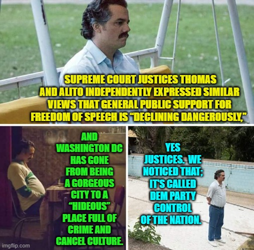 This is the end result of Cultural Marxism; and the Dem Party's leadership did it deliberately. | SUPREME COURT JUSTICES THOMAS AND ALITO INDEPENDENTLY EXPRESSED SIMILAR VIEWS THAT GENERAL PUBLIC SUPPORT FOR FREEDOM OF SPEECH IS “DECLINING DANGEROUSLY,”; AND WASHINGTON DC HAS GONE FROM BEING A GORGEOUS CITY TO A “HIDEOUS” PLACE FULL OF CRIME AND CANCEL CULTURE. YES JUSTICES.  WE NOTICED THAT; IT'S CALLED DEM PARTY CONTROL OF THE NATION. | image tagged in sad pablo escobar | made w/ Imgflip meme maker