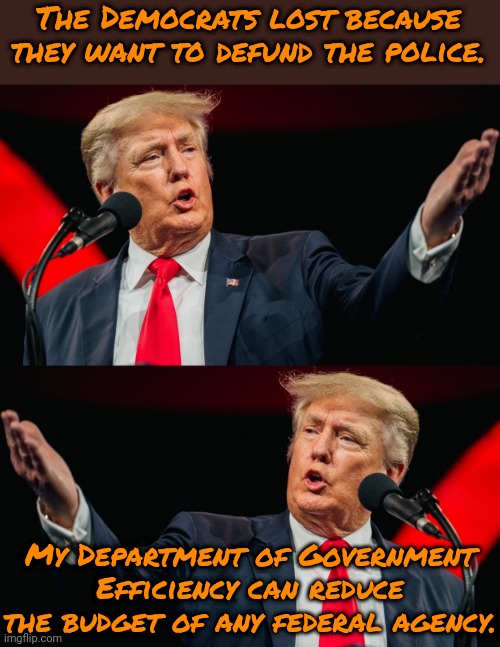 U.S. Marshalls, FBI, the Federal Protective Service, ICE, the Department of Homeland Security... | The Democrats lost because they want to defund the police. My Department of Government Efficiency can reduce the budget of any federal agency. | image tagged in trump explaining,contradiction,two buttons | made w/ Imgflip meme maker