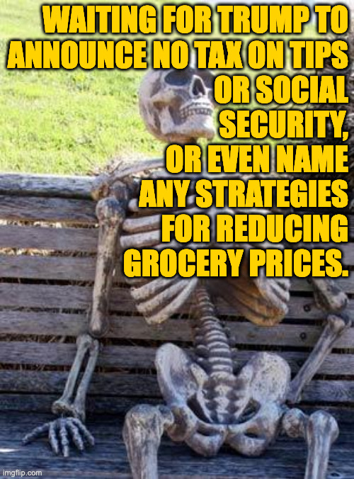 The social security thing is only a problem for a few dozen million people. | WAITING FOR TRUMP TO
ANNOUNCE NO TAX ON TIPS
OR SOCIAL
SECURITY,
OR EVEN NAME
ANY STRATEGIES
FOR REDUCING
GROCERY PRICES. | image tagged in memes,waiting skeleton,trump,promises made promises forgotten,ruthless | made w/ Imgflip meme maker