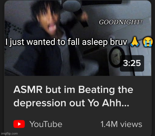 I mean it's 4:37 AM over here I gotta leave in 5 min | I just wanted to fall asleep bruv 🙏 😭 | image tagged in asmr,funny,depression,youtube | made w/ Imgflip meme maker