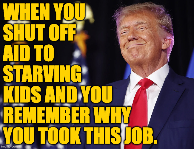 America First. | WHEN YOU
SHUT OFF
AID TO
STARVING
KIDS AND YOU
REMEMBER WHY
YOU TOOK THIS JOB. | image tagged in memes,trump,america first | made w/ Imgflip meme maker