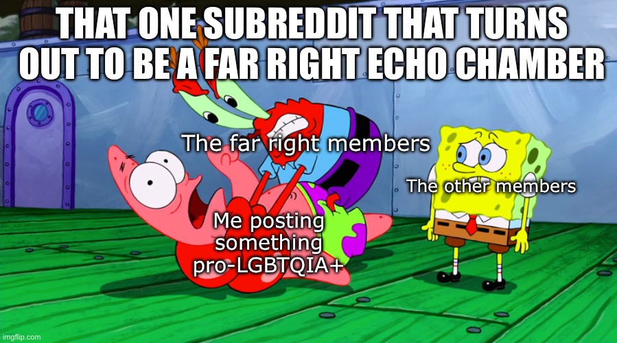 Happened to me with r/memesopdidnotlike | THAT ONE SUBREDDIT THAT TURNS OUT TO BE A FAR RIGHT ECHO CHAMBER; The far right members; The other members; Me posting something pro-LGBTQIA+ | image tagged in mr krabs strangling patrick in hd,lgbtq,liberal | made w/ Imgflip meme maker