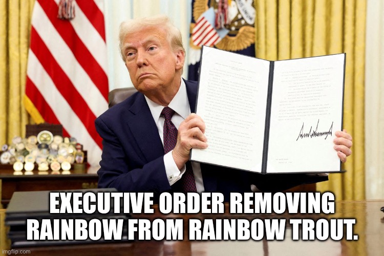 EXECUTIVE ORDER REMOVING RAINBOW FROM RAINBOW TROUT. | made w/ Imgflip meme maker