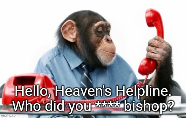 Heaven's Helpline | Hello, Heaven's Helpline. Who did you **** bishop? | image tagged in phonemonkey,mormon,abuse,scandal | made w/ Imgflip meme maker