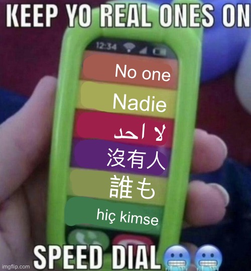 no one in different languages | No one; Nadie; لا احد; 沒有人; 誰も; hiç kimse | made w/ Imgflip meme maker