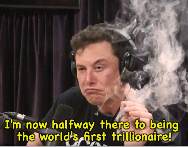 Elon Musk smoking a joint | I'm now halfway there to being 
the world's first trillionaire! | image tagged in elon musk smoking a joint | made w/ Imgflip meme maker