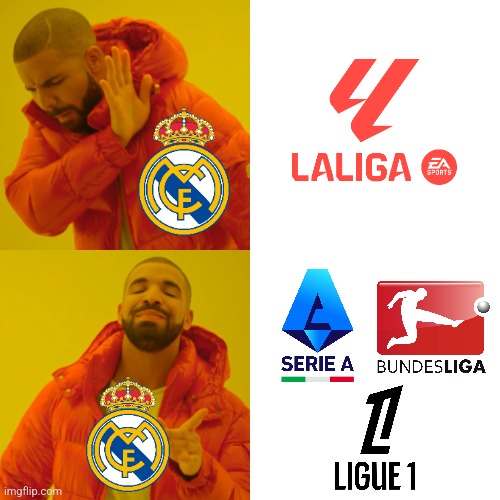 Real Madrid doesn't want to be in LALIGA anymore (RUMOURS) | image tagged in memes,drake hotline bling,real madrid,laliga,footy | made w/ Imgflip meme maker