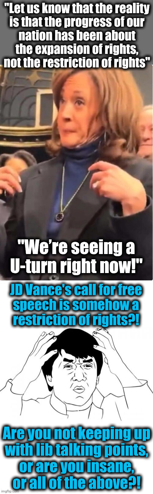 Kamala Harris not knowing libs are now against free speech, or just crazy?! | "Let us know that the reality
is that the progress of our
nation has been about
the expansion of rights,
not the restriction of rights"; "We’re seeing a
U-turn right now!"; JD Vance's call for free
speech is somehow a
restriction of rights?! Are you not keeping up
with lib talking points,
or are you insane,
or all of the above?! | image tagged in memes,jackie chan wtf,kamala harris,drunk,free speech,idiot | made w/ Imgflip meme maker