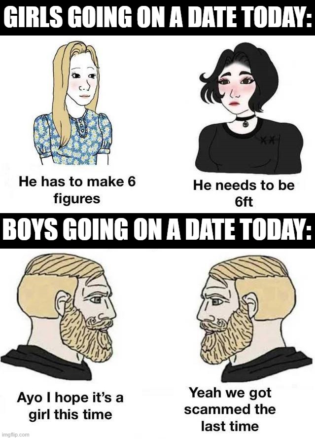 Dating in 2025 | GIRLS GOING ON A DATE TODAY:; BOYS GOING ON A DATE TODAY: | image tagged in dating | made w/ Imgflip meme maker