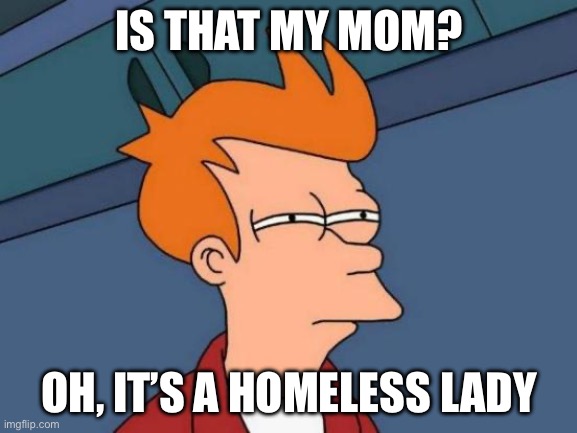 Is that my mom? | IS THAT MY MOM? OH, IT’S A HOMELESS LADY | image tagged in memes,futurama fry | made w/ Imgflip meme maker