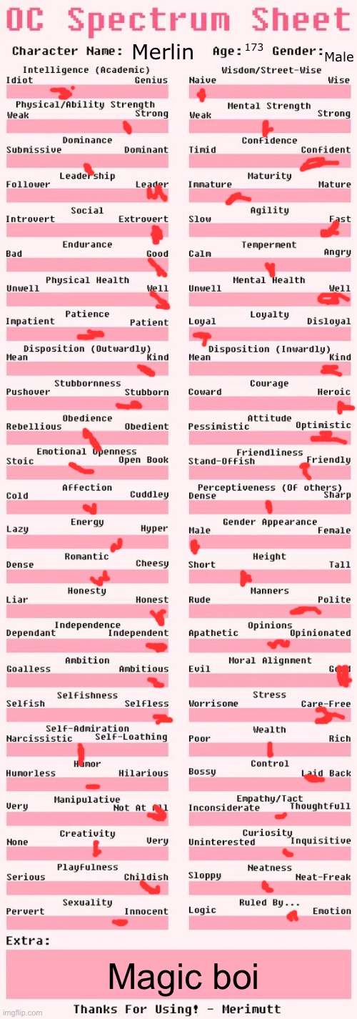 This is what happens when you’re a protagonist | 173; Male; Merlin; Magic boi | image tagged in spectrum sheet | made w/ Imgflip meme maker