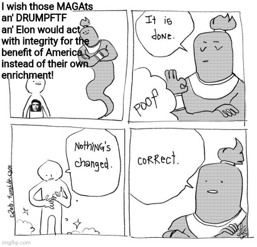 always has been | I wish those MAGAts
an' DRUMPFTF
an' Elon would act
with integrity for the
benefit of America
instead of their own
enrichment! | image tagged in i wish genie nothing's changed,donald trump,elon musk,doge,political meme | made w/ Imgflip meme maker