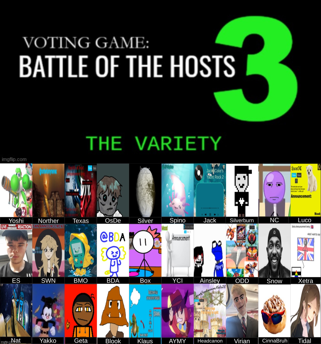 i think this should be the finalized roster. i already have 3 voting games in the making so this wont be done till one is finish | made w/ Imgflip meme maker