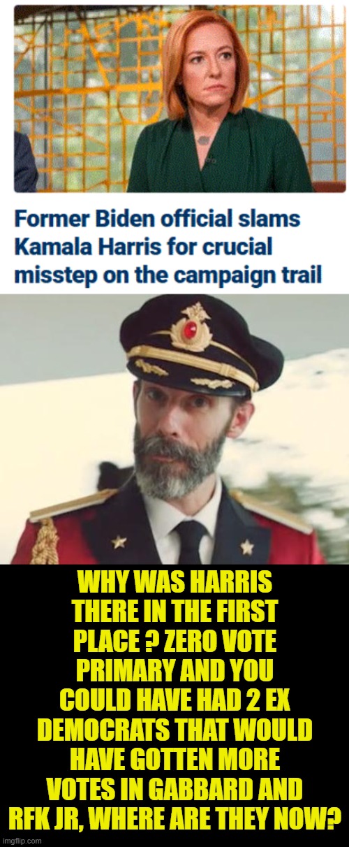 KH is almost as incoherent as senile Biden | WHY WAS HARRIS THERE IN THE FIRST PLACE ? ZERO VOTE PRIMARY AND YOU COULD HAVE HAD 2 EX DEMOCRATS THAT WOULD HAVE GOTTEN MORE VOTES IN GABBARD AND RFK JR, WHERE ARE THEY NOW? | image tagged in captain obvious,corruption,dei,stupid people | made w/ Imgflip meme maker