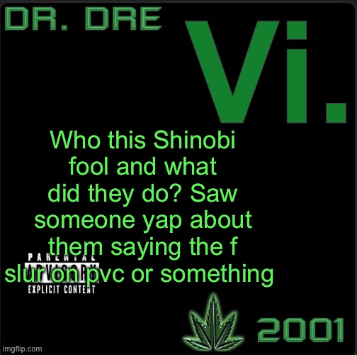 Vi. template | Who this Shinobi fool and what did they do? Saw someone yap about them saying the f slur on pvc or something | image tagged in vi template | made w/ Imgflip meme maker