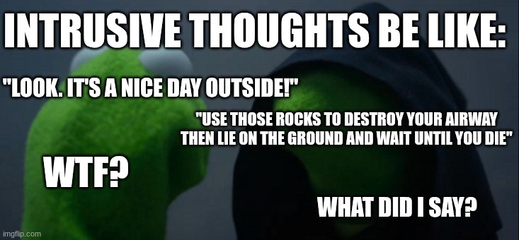 Evil Kermit Meme | INTRUSIVE THOUGHTS BE LIKE:; "LOOK. IT'S A NICE DAY OUTSIDE!"; "USE THOSE ROCKS TO DESTROY YOUR AIRWAY THEN LIE ON THE GROUND AND WAIT UNTIL YOU DIE"; WTF? WHAT DID I SAY? | image tagged in memes,evil kermit | made w/ Imgflip meme maker