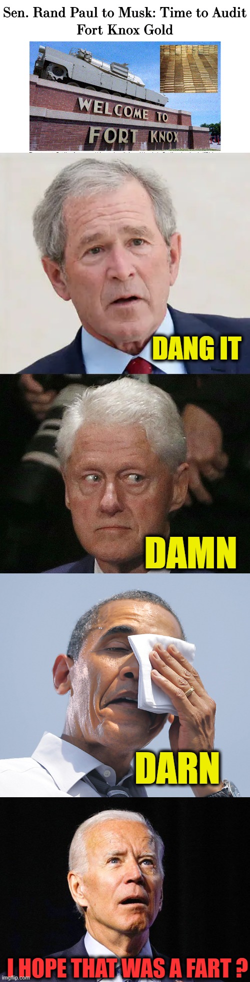 Maybe all presidents should get 3 FBI investigations, congress too. | DANG IT; DAMN; DARN; I HOPE THAT WAS A FART ? | image tagged in joe biden,obama,clinton,dubya | made w/ Imgflip meme maker