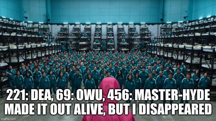 Squid game contestants | 221: DEA, 69: OWU, 456: MASTER-HYDE MADE IT OUT ALIVE, BUT I DISAPPEARED | image tagged in squid game contestants | made w/ Imgflip meme maker
