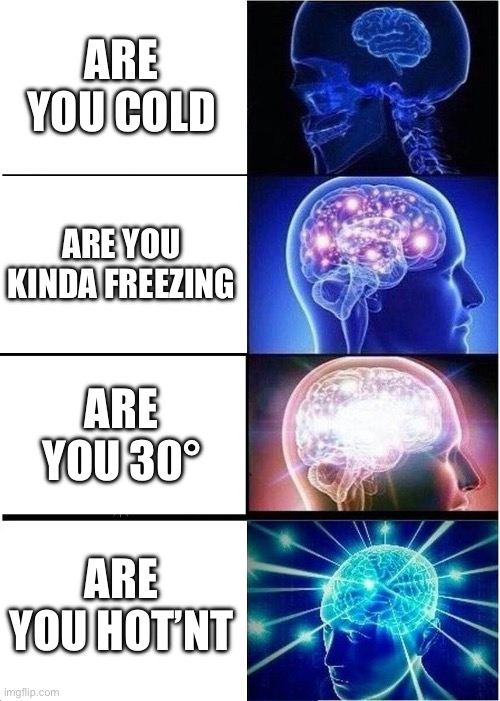 daily meme | ARE YOU COLD; ARE YOU KINDA FREEZING; ARE YOU 30°; ARE YOU HOT’NT | image tagged in memes,expanding brain | made w/ Imgflip meme maker