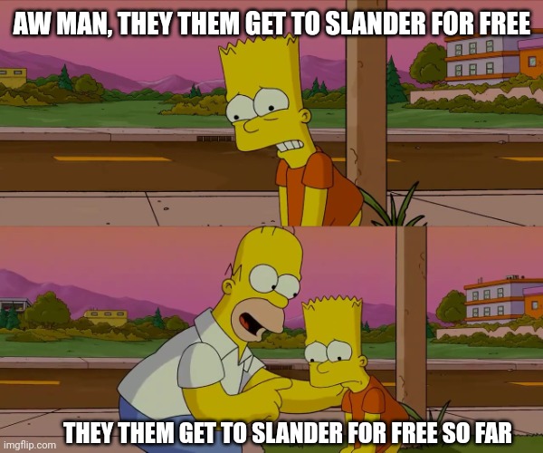 Homer and Bart worst day so far | AW MAN, THEY THEM GET TO SLANDER FOR FREE THEY THEM GET TO SLANDER FOR FREE SO FAR | image tagged in homer and bart worst day so far | made w/ Imgflip meme maker