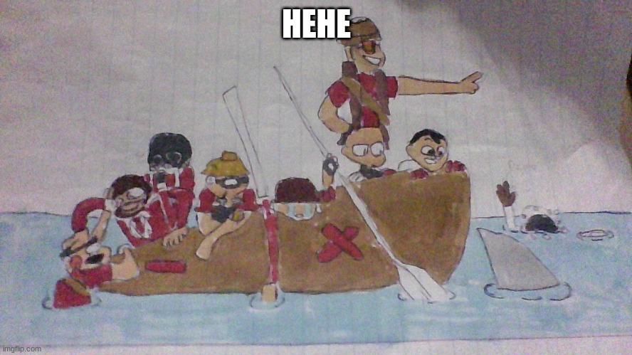 I drew the gang on a boat ride (on't mind demo drowning in the background) | HEHE | image tagged in drawings | made w/ Imgflip meme maker