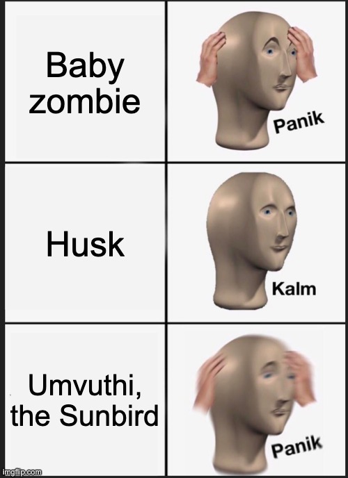 Panik Kalm Panik | Baby zombie; Husk; Umvuthi, the Sunbird | image tagged in memes,panik kalm panik | made w/ Imgflip meme maker