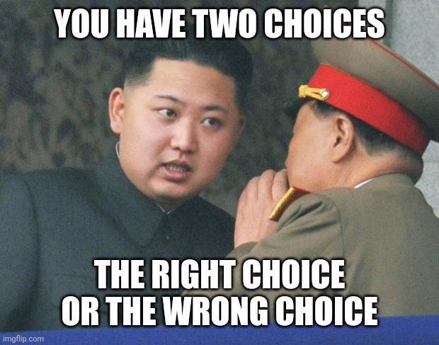 Hungry Kim Jong Un | YOU HAVE TWO CHOICES THE RIGHT CHOICE OR THE WRONG CHOICE | image tagged in hungry kim jong un | made w/ Imgflip meme maker