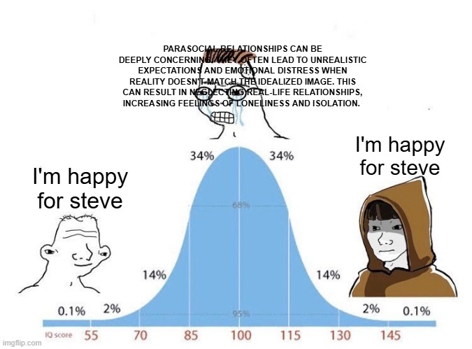 Bell Curve | PARASOCIAL RELATIONSHIPS CAN BE DEEPLY CONCERNING. THEY OFTEN LEAD TO UNREALISTIC EXPECTATIONS AND EMOTIONAL DISTRESS WHEN REALITY DOESN'T MATCH THE IDEALIZED IMAGE. THIS CAN RESULT IN NEGLECTING REAL-LIFE RELATIONSHIPS, INCREASING FEELINGS OF LONELINESS AND ISOLATION. I'm happy for steve; I'm happy for steve | image tagged in bell curve | made w/ Imgflip meme maker