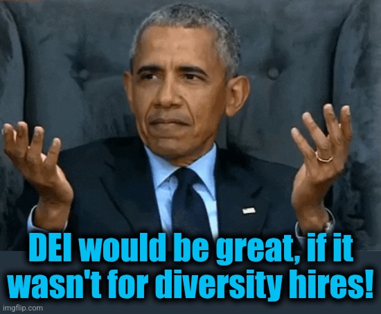 obama confused | DEI would be great, if it
wasn't for diversity hires! | image tagged in obama confused | made w/ Imgflip meme maker