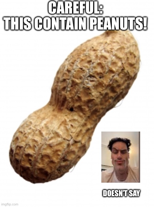 Peanut | CAREFUL:
THIS CONTAIN PEANUTS! DOESN’T SAY | image tagged in peanut | made w/ Imgflip meme maker