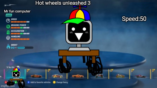 Average hot Wheels unleashed tumbnails: | Hot wheels unleashed 3; Mr fun computer; Speed:50 | image tagged in hot wheels unleashed car selection | made w/ Imgflip meme maker