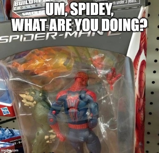 The Amazing Spider Goon | UM, SPIDEY, WHAT ARE YOU DOING? | image tagged in spiderman | made w/ Imgflip meme maker