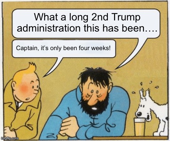 What a week huh? / Captain it’s Wednesday | What a long 2nd Trump administration this has been…. Captain, it’s only been four weeks! | image tagged in what a week huh / captain it s wednesday | made w/ Imgflip meme maker