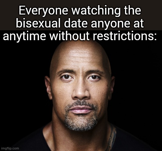 The rock stare | Everyone watching the bisexual date anyone at anytime without restrictions: | image tagged in the rock stare | made w/ Imgflip meme maker