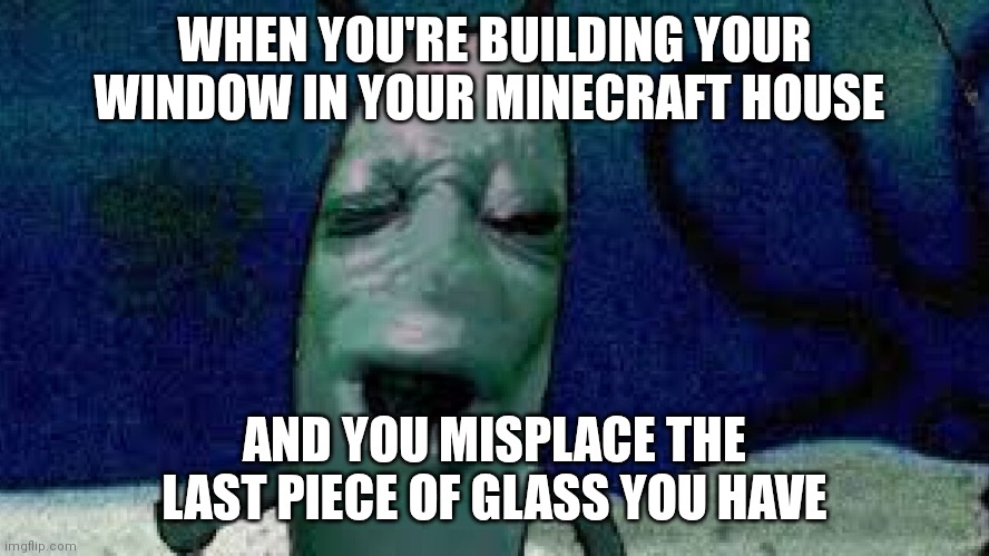 Irritated plankton | WHEN YOU'RE BUILDING YOUR WINDOW IN YOUR MINECRAFT HOUSE; AND YOU MISPLACE THE LAST PIECE OF GLASS YOU HAVE | image tagged in funny | made w/ Imgflip meme maker