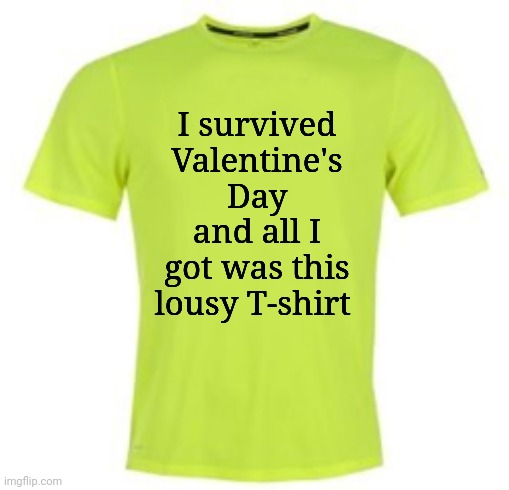 At least I can buy the candy cheap now. | I survived Valentine's Day and all I got was this lousy T-shirt | image tagged in neon green running t shirt,holiday,level of stress,what is love,unrealistic expectations | made w/ Imgflip meme maker