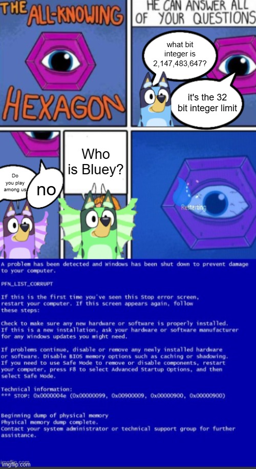 Freddie Blue Screen Of Deathed The All Knowing Hexagon | what bit integer is 2,147,483,647? it's the 32 bit integer limit; Who is Bluey? Do you play among us; no | image tagged in all knowing hexagon with dogoventures | made w/ Imgflip meme maker