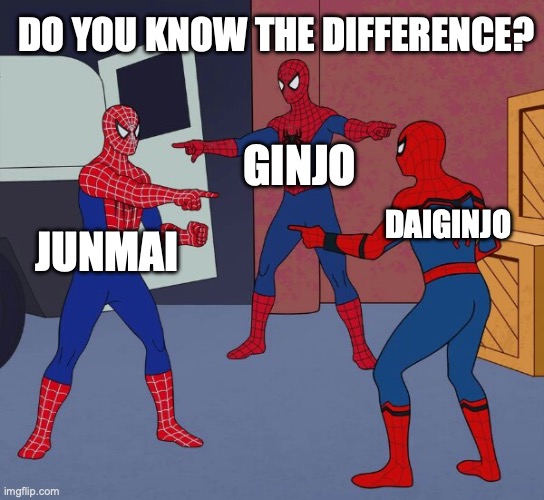Junmai vs Ginjo vs Daiginjo | DO YOU KNOW THE DIFFERENCE? GINJO; DAIGINJO; JUNMAI | image tagged in spider man triple | made w/ Imgflip meme maker