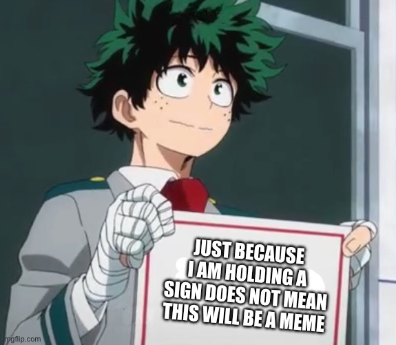 Deku holding a sign | JUST BECAUSE I AM HOLDING A SIGN DOES NOT MEAN THIS WILL BE A MEME | image tagged in deku holding a sign | made w/ Imgflip meme maker