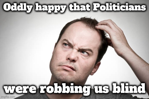 confused | Oddly happy that Politicians were robbing us blind | image tagged in confused | made w/ Imgflip meme maker