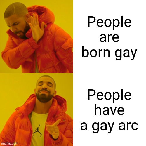 Drake Hotline Bling Meme | People are born gay People have a gay arc | image tagged in memes,drake hotline bling | made w/ Imgflip meme maker