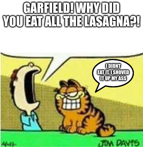 YOU WHAT??? | GARFIELD! WHY DID YOU EAT ALL THE LASAGNA?! I DIDNT EAT IT. I SHOVED IT UP MY ASS | image tagged in john yelling at garfield | made w/ Imgflip meme maker