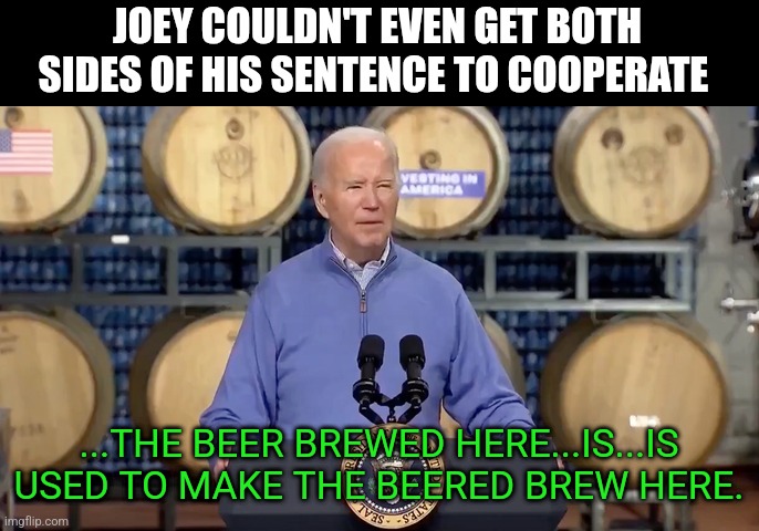 JOEY COULDN'T EVEN GET BOTH SIDES OF HIS SENTENCE TO COOPERATE ...THE BEER BREWED HERE...IS...IS USED TO MAKE THE BEERED BREW HERE. | made w/ Imgflip meme maker