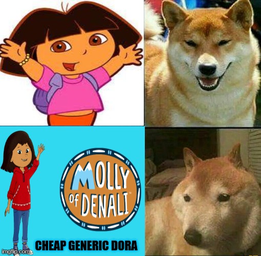 Molly of Denali meme | CHEAP GENERIC DORA | image tagged in memes,molly,dora the explorer,pbs kids,funny memes,woke | made w/ Imgflip meme maker