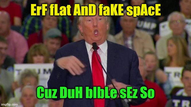 Retarted Trump | ErF fLat AnD faKE spAcE Cuz DuH bIbLe sEz So | image tagged in retarted trump | made w/ Imgflip meme maker